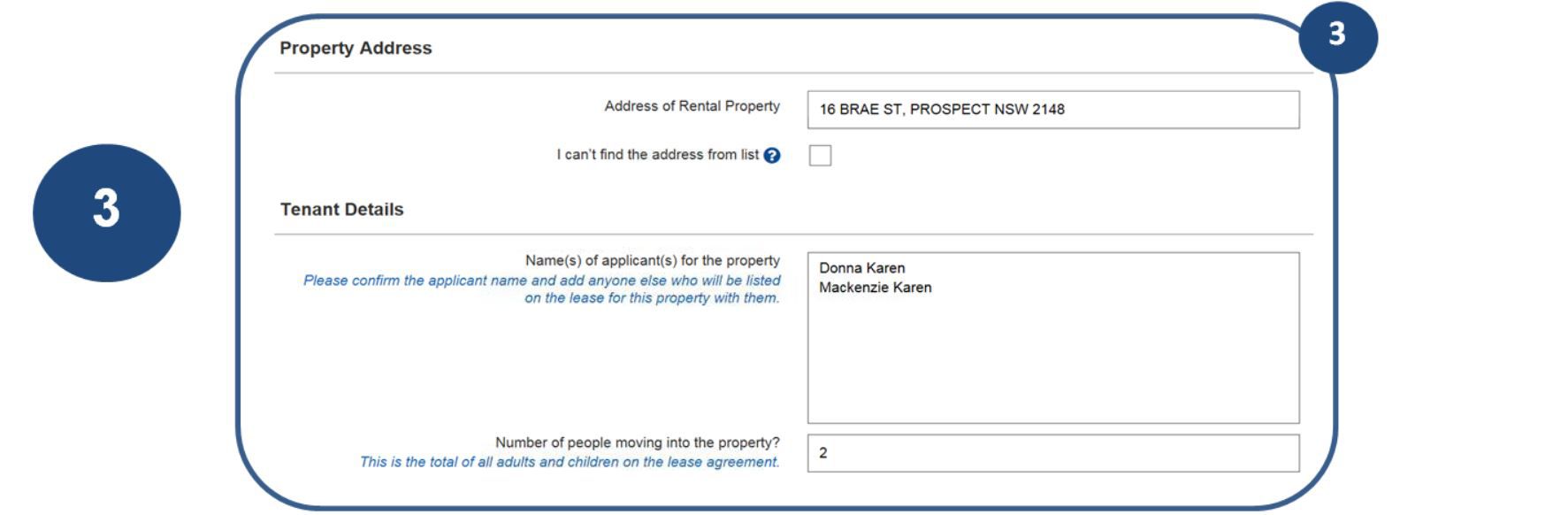 3. Confirm the details for the Rental address and Tenant