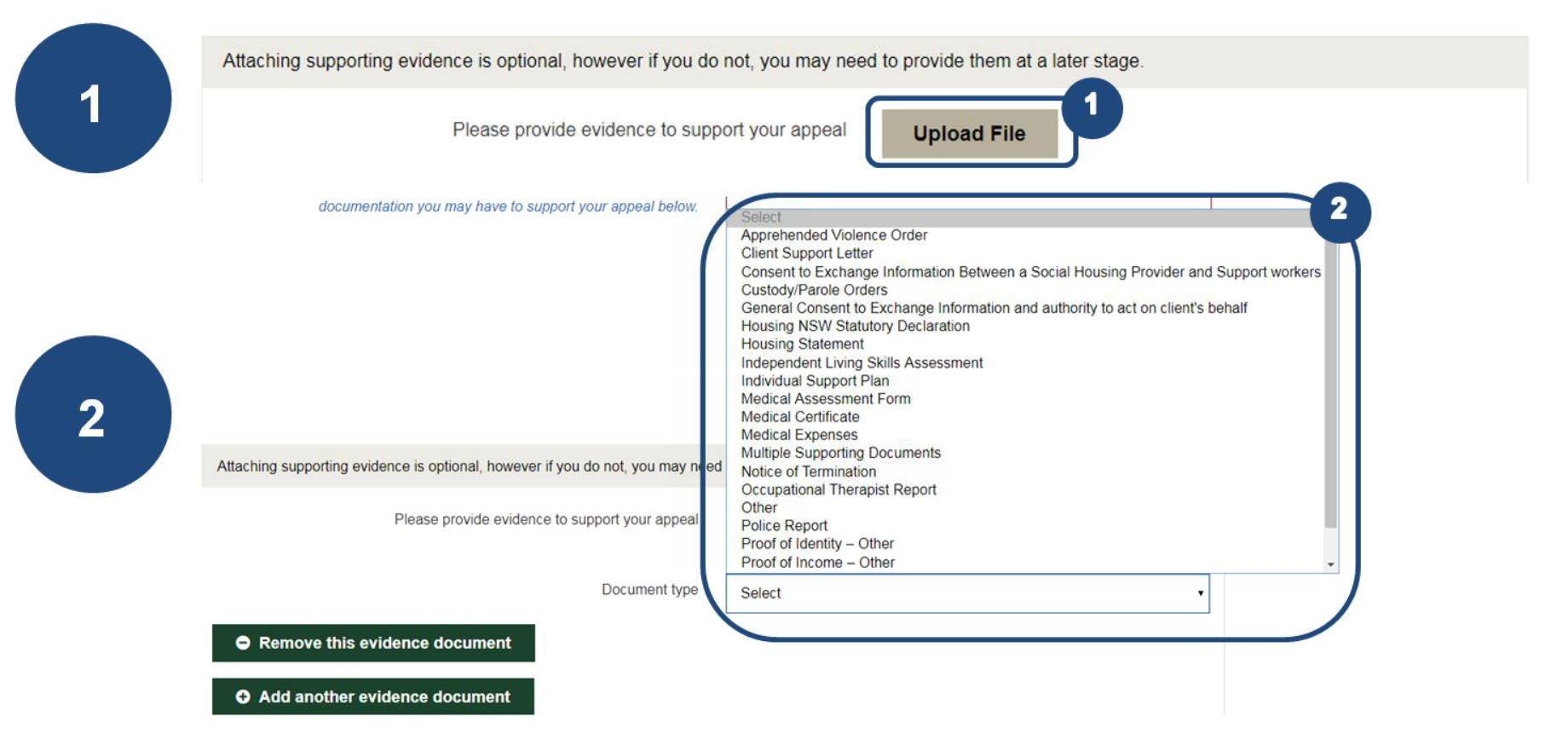 1 Click ‘Upload File’ and select the supporting document from your folder.