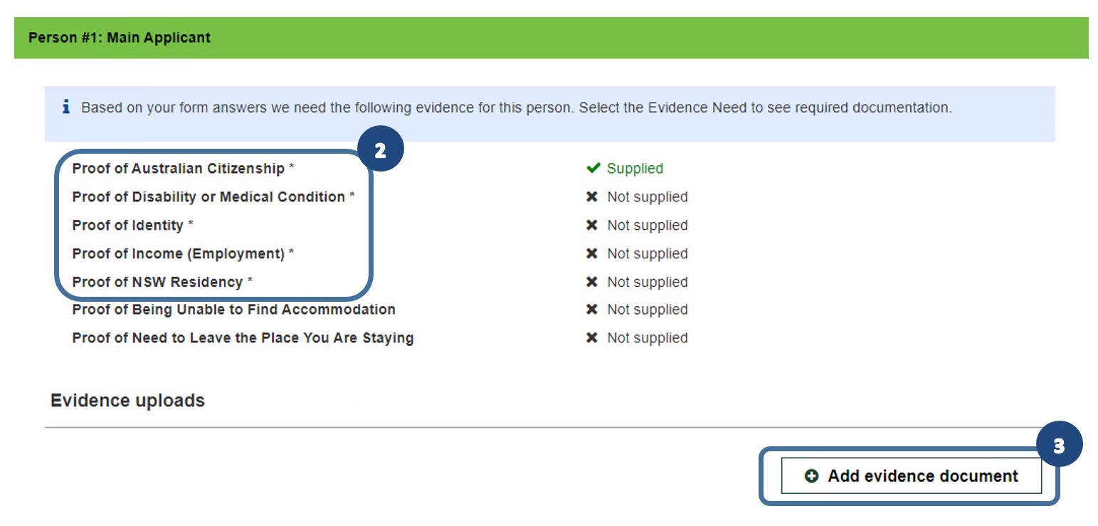 A pop up will appear to upload evidence for the person selected. Click Add evidence document to start uploading 