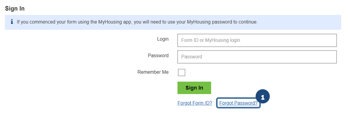 Apply for housing screenshot - 1. If you forget your password, you can reset it by clicking on Forgot Password