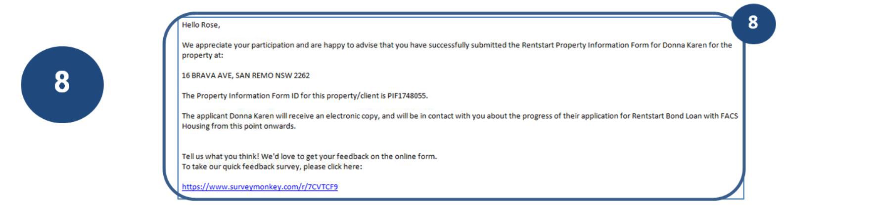 8. Once you click continue, you will receive a confirmation that you have submitted the Property Information Form back to the client